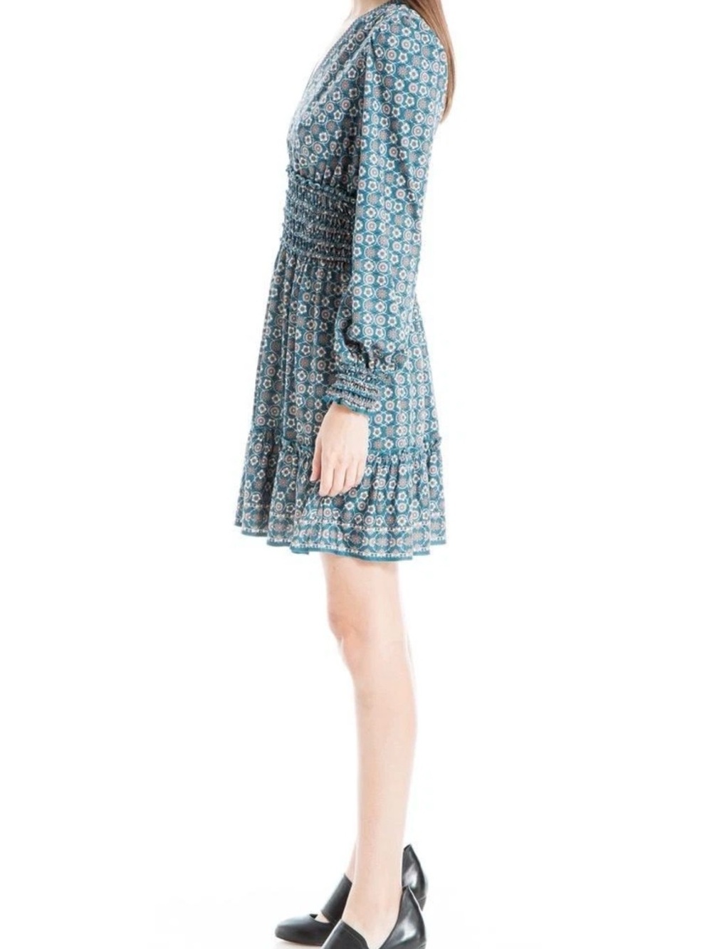 Max Studio Teal Floral Smocked Waist Long Sleeve Mini Dress - Picture 10 of 10